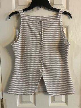 Striped Knit Button-Back Tank Top in Cream and Beige